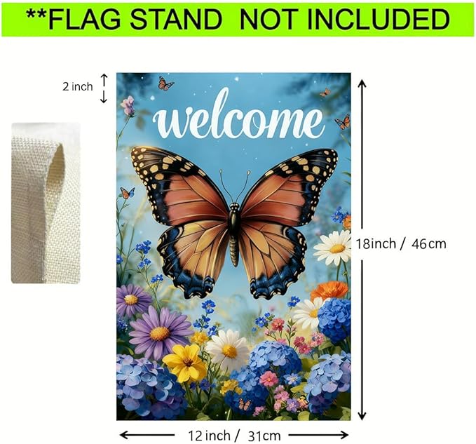 Welcome Spring Summer Garden Flag 12x18 Double Sided, Burlap Seasonal Farmhouse Rustic Butterfly Hydrangea Floral Garden Flags Spring Outdoor Decor, Small Decorative Yard Lawn Porch Flags for Outside
