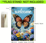 Welcome Spring Summer Garden Flag 12x18 Double Sided, Burlap Seasonal Farmhouse Rustic Butterfly Hydrangea Floral Garden Flags Spring Outdoor Decor, Small Decorative Yard Lawn Porch Flags for Outside