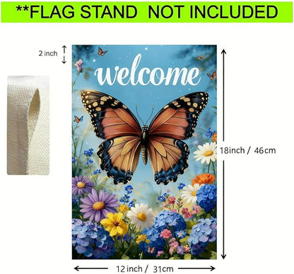 Welcome Spring Summer Garden Flag 12x18 Double Sided, Burlap Seasonal Farmhouse Rustic Butterfly Hydrangea Floral Garden Flags Spring Outdoor Decor, Small Decorative Yard Lawn Porch Flags for Outside