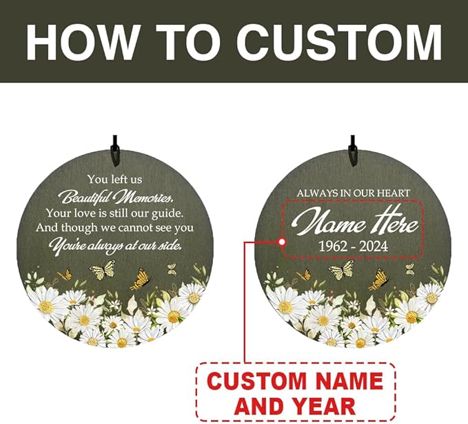 Personalized Sympathy Wind Chimes, Daisy Butterfly Memorial Wind Chimes, in Memory for Loss of Loved Mom/Grandma, Memorial Gifts Wind Chime Deep Tone Outdoor (Produced in USA)