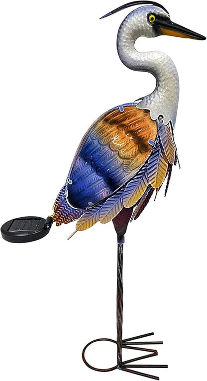 HONGLAND Solar Heron Metal Crane Statue Garden Heron Sculpture, Glass Outdoor Crane Yard Art Coastal Ocean Bird Decor 24 Inch Lawn Ornament for Backyard Porch Patio Decor（Purple）