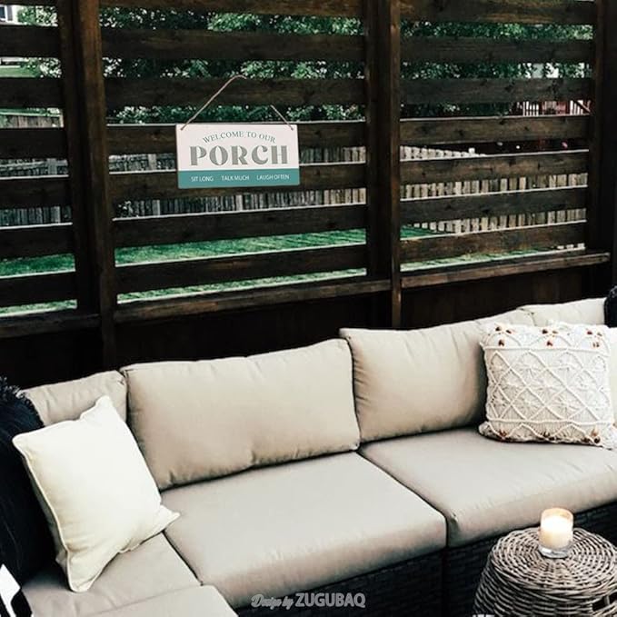 Welcome to Our Porch Sit Long Talk Much Laugh Often Wood Sign Farmhouse Patio Wooden Hanging Sign Plaque Retro Wall Art Decor for Home Decoration 5 x 10 Inches