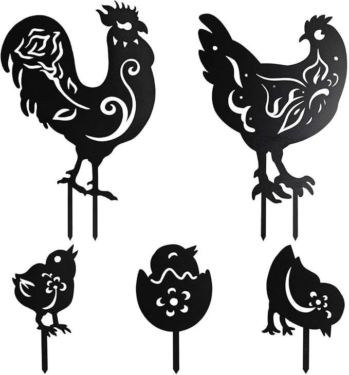 Chicken Metal Yard Art Animals Stakes,5PCS Outdoor Large Black Chickens Family Silhouette Country Garden Sculpture Set,Rooster Mother Hen and Chicks