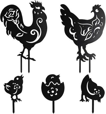 Chicken Metal Yard Art Animals Stakes,5PCS Outdoor Large Black Chickens Family Silhouette Country Garden Sculpture Set,Rooster Mother Hen and Chicks