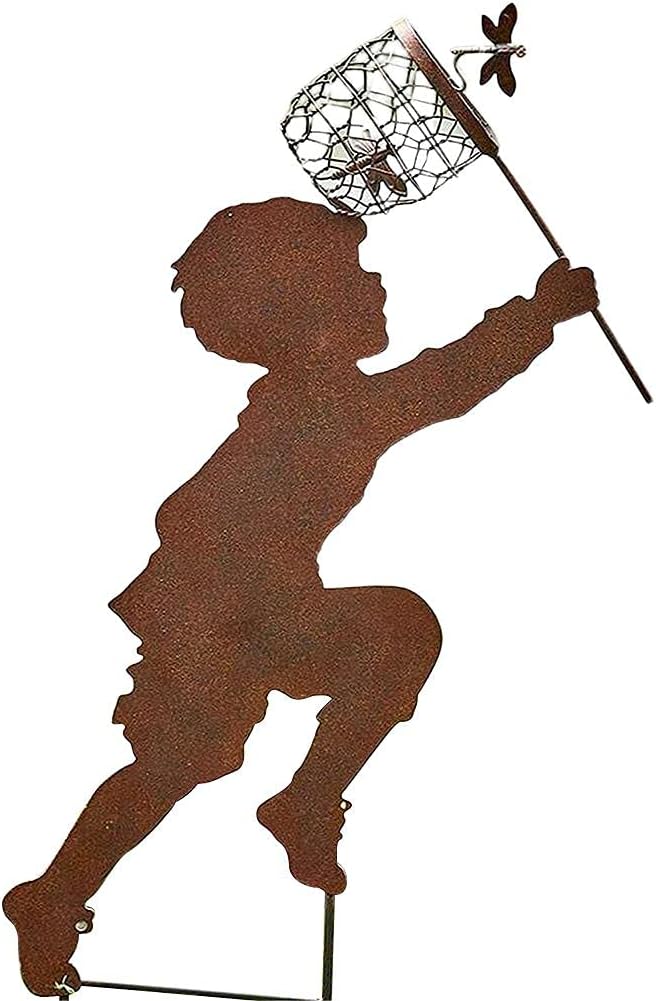 Boy Girl Silhouettes Chasing Butterfly Metal Vintage Garden Silhouette Sculpture Yard Garden Metal Stake Decor