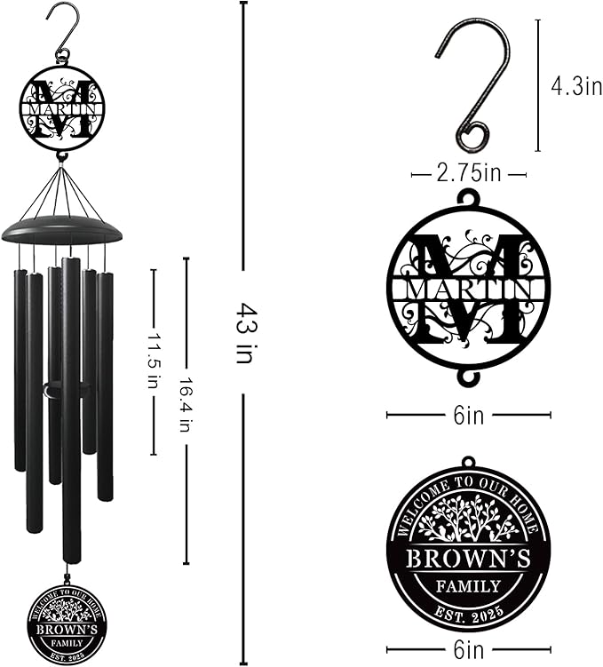 Best Housewarming Gifts 2025， Large Black Metal Wind Chime Outdoor Decor, Custom Family Name Welcome Sign, New Home Gift, Garden Patio Porch Decoration