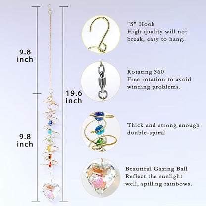 Big Heart Crystal Sun Catchers for Windows Hanging, Double-Spiral Design Gazing Ball Spiral Tail, Rainbow Maker Prism, Sun Catchers Indoor Window for Kitchen, Patio, Porch, Garden(AB-Golden)