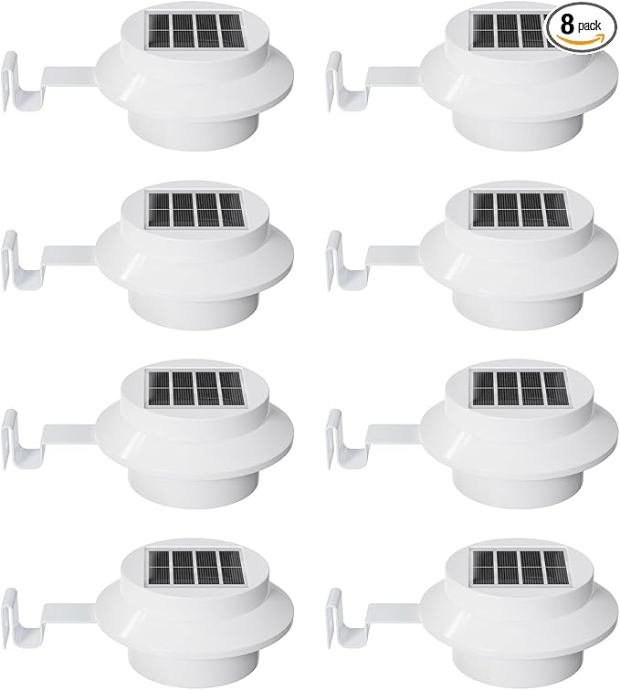8 Pack White Solar Powered Gutter Lights Outdoor Decorative Waterproof Led Fence Lamp for Lighting Railing, Outside Wall, Deck, Garden, Path, Backyard, Sidewalk, Yard, Patio, No Drilling Installation