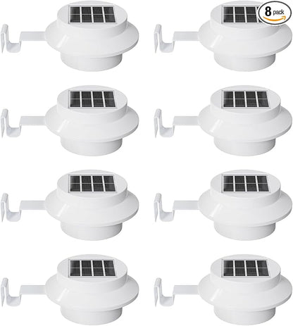 8 Pack White Solar Powered Gutter Lights Outdoor Decorative Waterproof Led Fence Lamp for Lighting Railing, Outside Wall, Deck, Garden, Path, Backyard, Sidewalk, Yard, Patio, No Drilling Installation