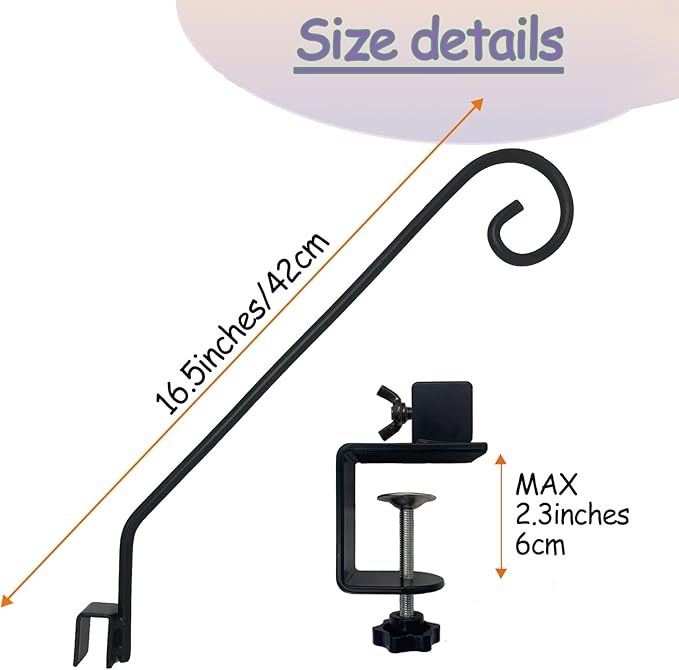 Heavy Duty Deck Hook,Courtyard Decoration,Pole 16.5”Long Metal Deck Railing Hooks for Hanging Bird Feeders,Planters,Suet Baskets,Lanterns,Wind Chimes,Clamp Mounted,Under 18 LBS(2 Pack)