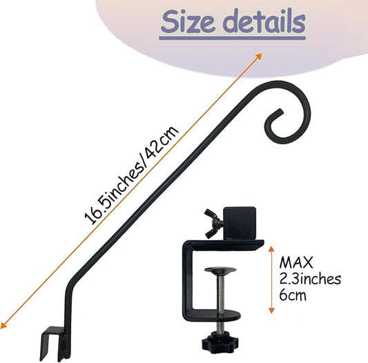 Heavy Duty Deck Hook,Courtyard Decoration,Pole 16.5”Long Metal Deck Railing Hooks for Hanging Bird Feeders,Planters,Suet Baskets,Lanterns,Wind Chimes,Clamp Mounted,Under 18 LBS(2 Pack)