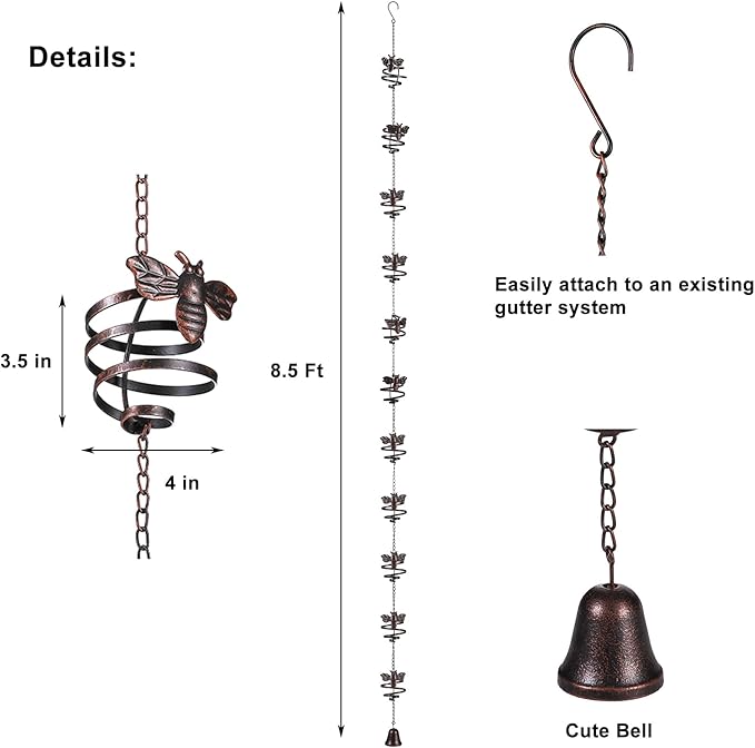 Iron Rain Chains with Bee Spiral, 8-1/2 Feet Length Replacement Downspout for Gutters Outsides, Dark Bronze