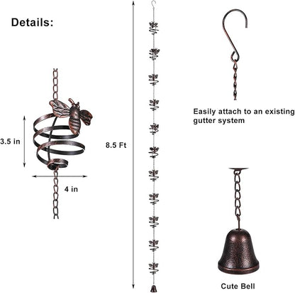 Iron Rain Chains with Bee Spiral, 8-1/2 Feet Length Replacement Downspout for Gutters Outsides, Dark Bronze