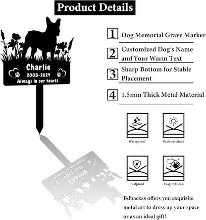 Custom French Bulldog Dog Memorial Grave Marker,Personalized Pet Dog Memorial Garden Stake,Flora Dog Memorial Plaque Burial Stake Engraved Sign,Dog Sympathy Grave Stake,Dog Statue Headstone