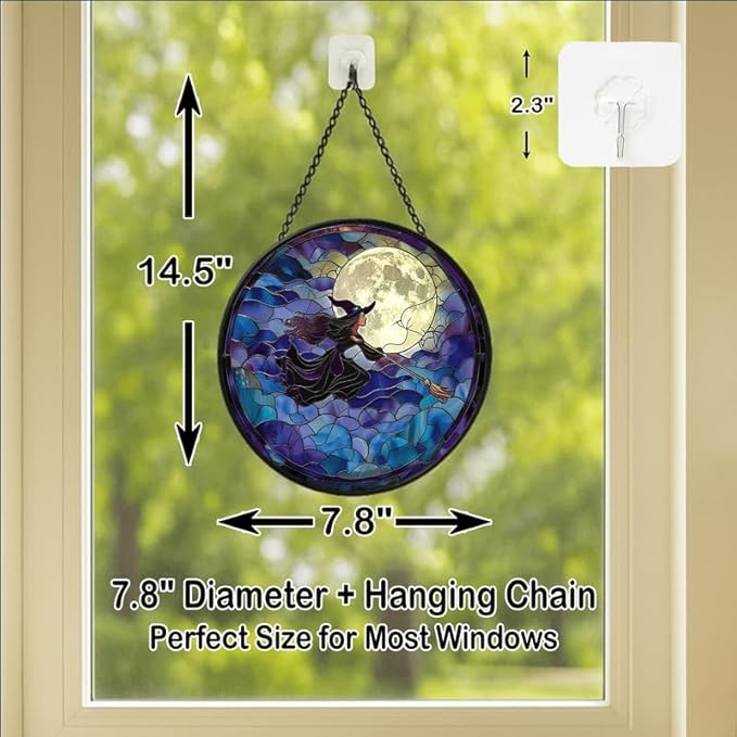 Stained Glass Window Hanging - Halloween 7.8in Flying Witch on Broom with Moon Sun Catchers Indoor Stained Glass Panels Wall Decor for Mom，Wife，Lovers，Festive