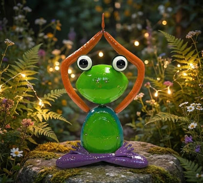 Colorful Frog Large Metal Garden Statue Yoga Pose with Arms Raised Up, Green Color, Garden Decor Outdoor Patio and Lawn Yard Art, Indoor Home Decoration, Landscape Sculpture Figurine, Gift