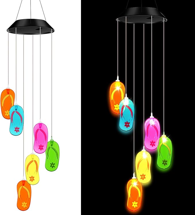 Wonderjune Tropical Beach Themed Slipper Solar Wind Chimes Flip Flop Outdoor Summer Beach Decorations Lights Mobile Wind Chime LED Lights for Garden Patio Yard Porch Hawaii Party Gifts