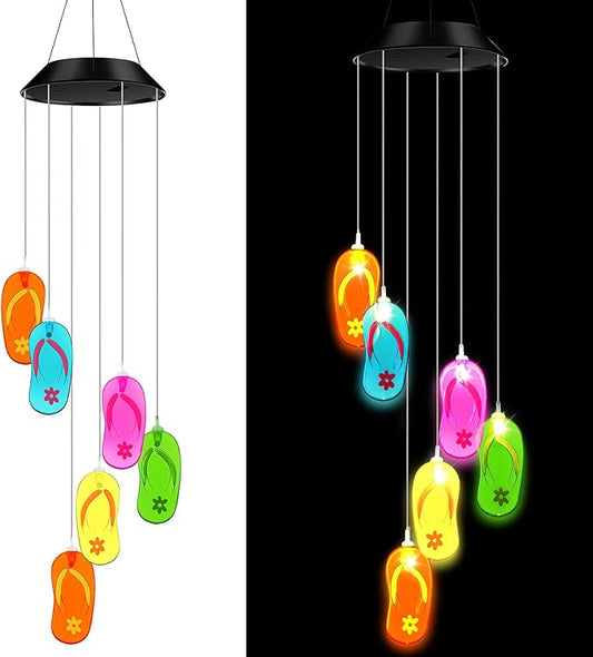 Wonderjune Tropical Beach Themed Slipper Solar Wind Chimes Flip Flop Outdoor Summer Beach Decorations Lights Mobile Wind Chime LED Lights for Garden Patio Yard Porch Hawaii Party Gifts