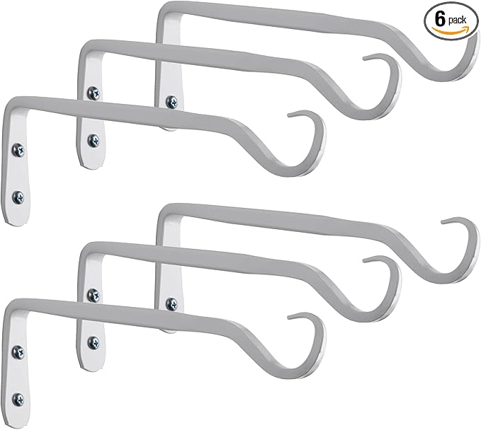 Plant Hanger Bracket, Heavy Duty Wall Hooks, 6-Pack 7.5 Inch White Hanging Hooks, Forged Wrought Iron Powder-Coated Brackets for Outdoor Indoor Plant, Bird Feeder, Flower Pot