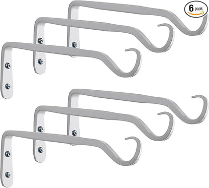 Plant Hanger Bracket, Heavy Duty Wall Hooks, 6-Pack 7.5 Inch White Hanging Hooks, Forged Wrought Iron Powder-Coated Brackets for Outdoor Indoor Plant, Bird Feeder, Flower Pot