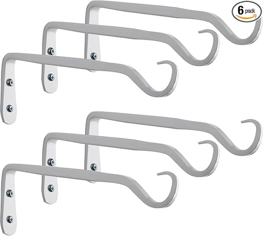 Plant Hanger Bracket, Heavy Duty Wall Hooks, 6-Pack 7.5 Inch White Hanging Hooks, Forged Wrought Iron Powder-Coated Brackets for Outdoor Indoor Plant, Bird Feeder, Flower Pot
