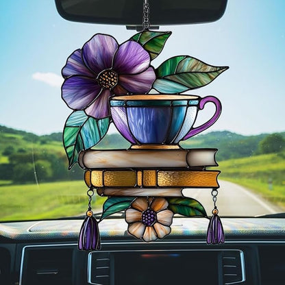Hibiscus Tea Cup and Books Acrylic Suncatcher Stained Glass Effect Window Car Hanging Christmas Ornament Indoor Outdoor Decor Garden Sun Catcher Panel for Book Lover for Women Mom Grandma