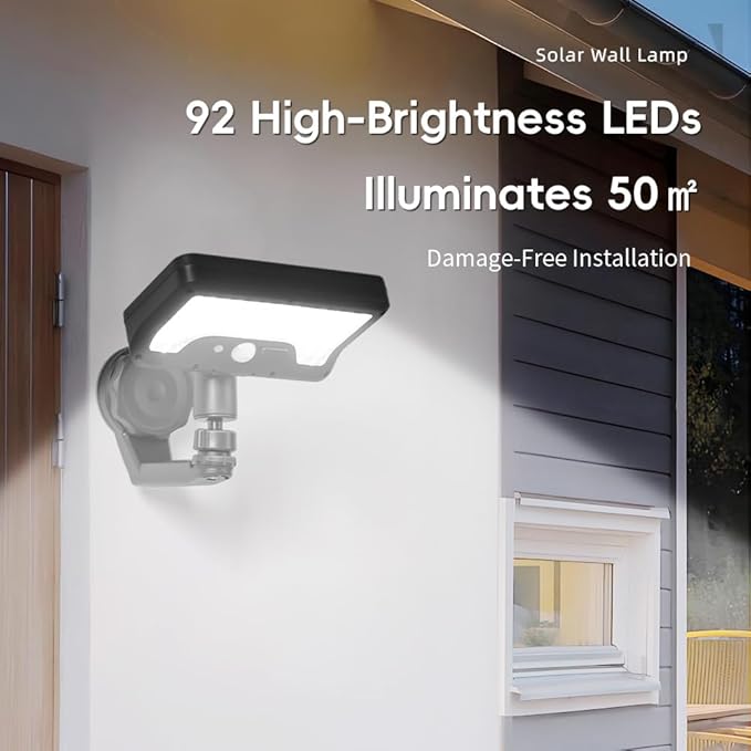 OMISTAR 2 Pcs Metal-gipping Outdoor Solar Lights, 92 LEDs Motion Sensor Solar Wall Lamps, IP65 Waterproof Balcony Patio Security Lights, Adjustable Wall-Mount Fence RV Lighting