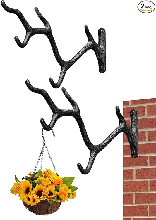 2 Pcs 11" Cast Iron Tree Branch Plant Hangers, Decorative Metal Wall Bracket Hooks, Vintage-Style Heavy Duty Storage Rack for Hanging Plants, Baskets, Lanterns, Wind Chimes, Indoor & Outdoor, Black