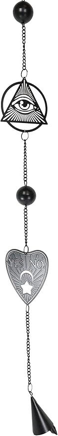Ebros Ouija Board Planchette and All Seeing Eye of Providence Black Coated Steel Metal Wall Hanging Wind Chime with Beads Home and Patio Decor Wicca Occult Mobile Noisemaker