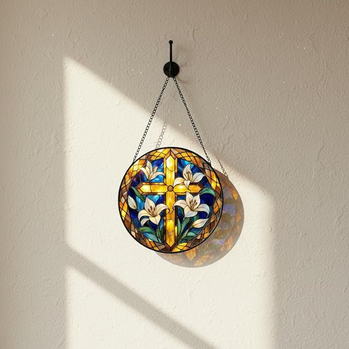 Cross Stained Glass Suncather for Window Hanging with Lily Flowes, 6.3'' Golden Christian Cross Ornament Gift for Women, Religious Wall Art Home Decor Gifts for Mom, Grandma (Golden, 6.3'')