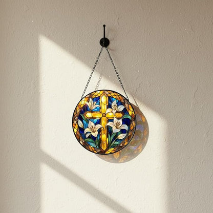 Cross Stained Glass Suncather for Window Hanging with Lily Flowes, 7.9'' Golden Christian Cross Ornament Gift for Women, Religious Wall Art Home Decor Gifts for Mom, Grandma (Golden, 7.9'')