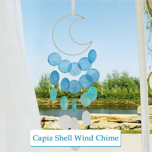 Wind Chimes for Outside, Personalized Capiz Shells Wind Chime for Home Decoration, Garden Decoration of Beach House Decor,Great Gift for Shells Windchimes Lovers and More (Blue Moon)