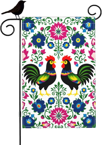 Mugod Rooster Garden Flag 12.5X18 Vertical Double Sided, Polish Floral Folk Art Colorful Flowers Leaves Yard Flag Burlap Banners for Seasonal Farmhouse Outside Decor