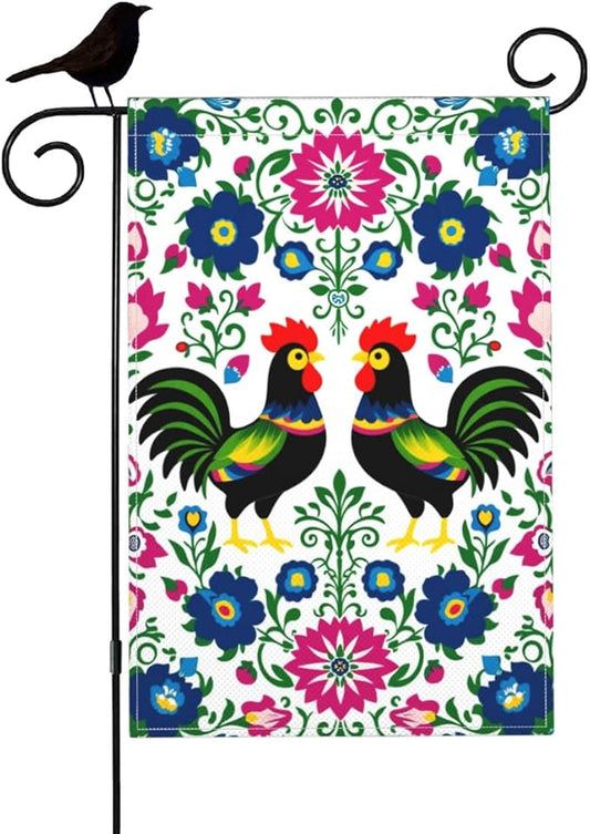 Mugod Rooster Garden Flag 12.5X18 Vertical Double Sided, Polish Floral Folk Art Colorful Flowers Leaves Yard Flag Burlap Banners for Seasonal Farmhouse Outside Decor