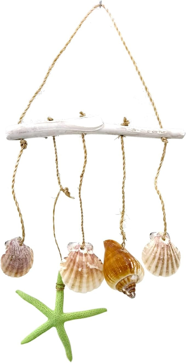 Starfish Windchime Coastal Driftwood Wall Hanging Decor - Beach Wind Chime Indoor Outdoor Patio Garden Gift 12” Green