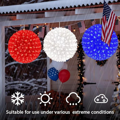 3PK 8In Patriotic Light Ball, 200LED Red White Blue Sphere Lights,Twinkle Hanging Globe Lights for 4th of July, Memorial Day, Independence Day & Veteran Day, Red White Blue Decor for Outdoor Home