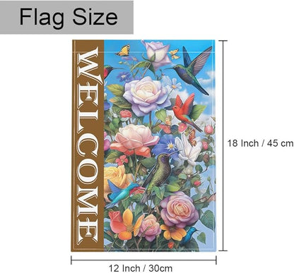 Gkyygk Welcome Garden Flag Roses Hummingbirds Butterflies Double Sided 12x18 Inch Banners Welcome Yard House Outside Outdoor Summer Decoration