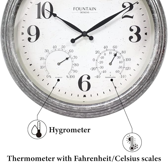 18 Inch Outdoor Clocks for Patio Large Waterproof with Thermometer, Large Wall Clock with Temperature and Humidity Combo,Weatherproof for Pool Decor,Galvanized Finish