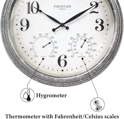18 Inch Outdoor Clocks for Patio Large Waterproof with Thermometer, Large Wall Clock with Temperature and Humidity Combo,Weatherproof for Pool Decor,Galvanized Finish