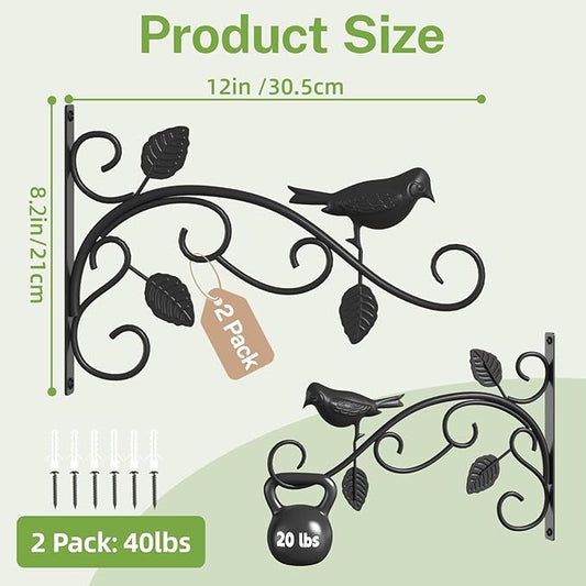 iDavosic.ly Plant Hangers Outdoor 2-Pack, 12 Inch Heavy Duty Iron Wall Brackets for Hanging Plants, Baskets, Bird Feeders, Lanterns, Wind Chimes, Indoor Metal Hooks for Garden Porch Patio, Black