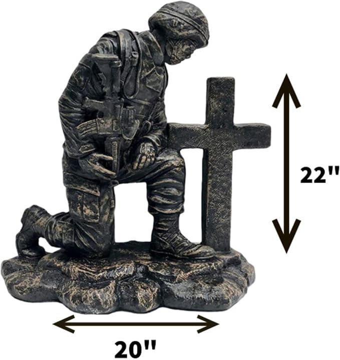 Soldier at Cross Concrete Statue – 22" H x 20" W x 11" D – Military Memorial Garden Statue – Outdoor Patriotic Decor – Made in USA – 71 lbs- Autumn Brown Stain Color
