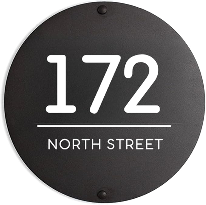 Custom Black Metal House Number and Family Name Sign, Modern Round Address Plaque with Durable UV Print & Rust-Resistant Coating, Weatherproof Home Door Number for Indoor & Outdoor Use, New Home Gift