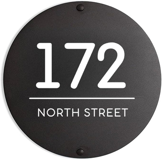 Custom Black Metal House Number and Family Name Sign, Modern Round Address Plaque with Durable UV Print & Rust-Resistant Coating, Weatherproof Home Door Number for Indoor & Outdoor Use, New Home Gift
