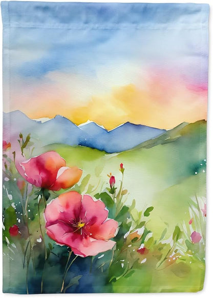 Caroline's Treasures North Dakota Wild Prairie Roses in Watercolor House Flag Large Porch Sleeve Pole Decorative Outside Yard Banner Artwork Wall Hanging, Polyester, House Size, Multicolor