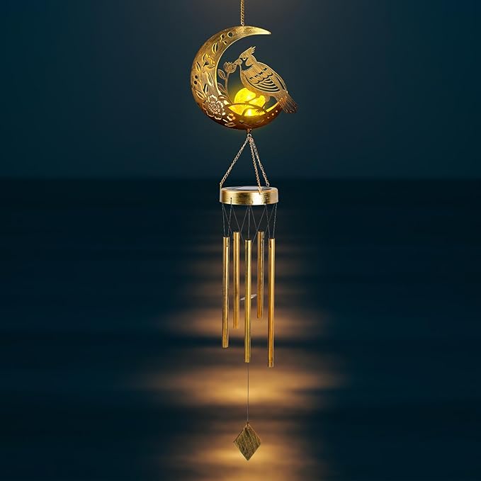 Rosefinch Solar Wind Chime for Outside - Exquisite Vermilion Bird Design, Handmade Aluminum Wind Chimes for Garden/Lawn, Soothing Zen Decor, Gift for Asian-Themed,Housewarming & Meditation Spaces