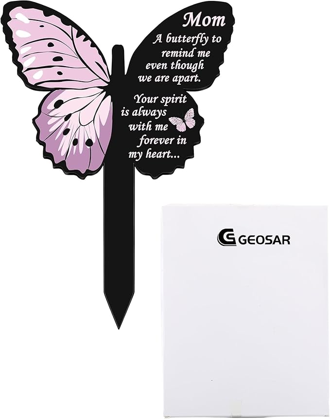 Geosar Mom Memorial Stakes Cemetery Grave Plaque Stake Markers Memorial Butterfly Plaques for Outdoors Sympathy Garden Stake Acrylic Waterproof Garden Grave Decoration(Cute Style)