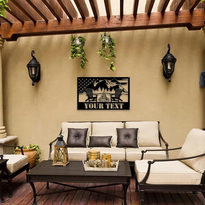 MeMate Outdoor Decor - US Flag Metal Sign with Mountain, Personalized for Backyard Porch Deck, Custom Name Signs for Garden Pool, Large for Outside, Housewarming Gift