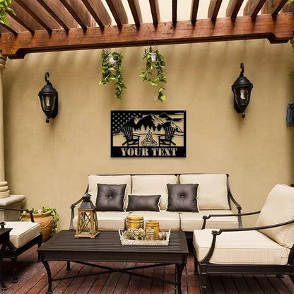MeMate Outdoor Decor - US Flag Metal Sign with Mountain, Personalized for Backyard Porch Deck, Custom Name Signs for Garden Pool, Large for Outside, Housewarming Gift