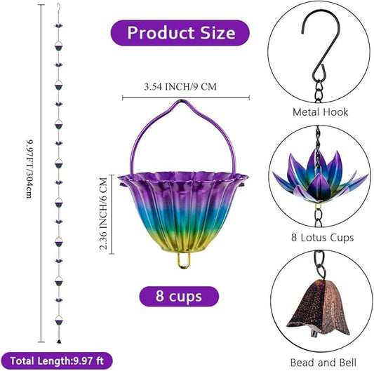 9.97ft Lotus Rain Chain for Outside, Metal Rain Chain with 16 Cups, Adjustable Rain Catcher Chain for Outside, Replacement Downspout for Gutters, Eaves, Drainage