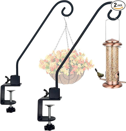 Heavy Duty Deck Hook,Courtyard Decoration,Pole 16.5”Long Metal Deck Railing Hooks for Hanging Bird Feeders,Planters,Suet Baskets,Lanterns,Wind Chimes,Clamp Mounted,Under 18 LBS(2 Pack)